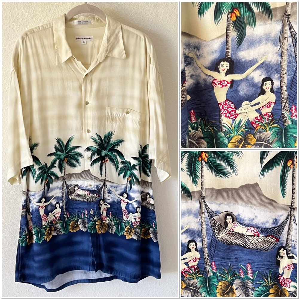 VINTAGE Pierre Cardin Rayon Hawaiian Girls Beach Button Down Shirt Size Large
